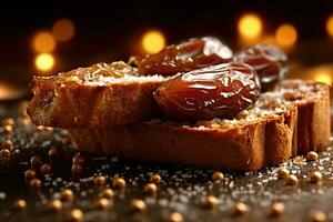 Saudi Arab Dates toast, macro shot of a fresh breakfast with Dripping Honey, AI Generated photo