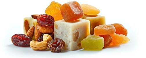 Cube shaped, mix dry fruit on white background, AI Generated photo