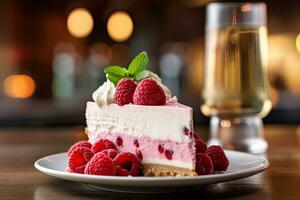 Slice of raspberry cheesecake on a plate, AI Generated photo