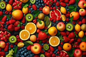 Creative flat lay composition of various fruits, Generative AI photo