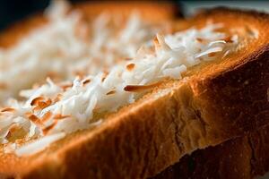 Coconut toast, macro shot of a fresh breakfast with Dripping Honey, AI Generated photo