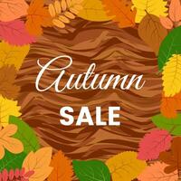 Autumn leaves on a wooden table and the inscription Autumn Sale. Vector illustration