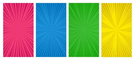 Set of four comic book pages backgrounds in pop art style with empty space. Template with rays, dots and halftone effect texture. Vector illustration