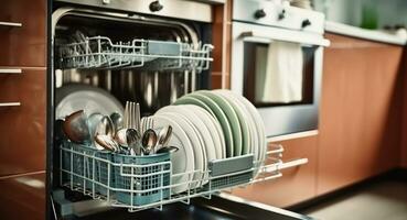 A Fully Loaded Dishwasher Brimming with Sparkling Clean Dishes. Generative AI photo