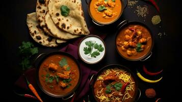 Top view, Different indian curries with naan, fully black background. Generative AI photo