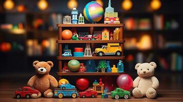 muchos vistoso juguetes colección en el escritorio. generativo ai foto