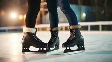 Cropped shot of couple in skates ice skating on rink. Generative AI photo