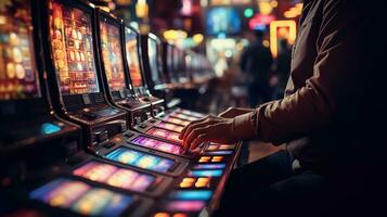 A person playing a slot machine in a casino. Generative AI photo