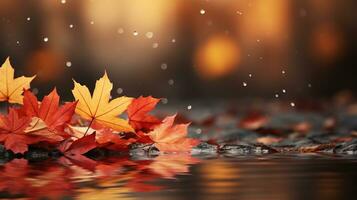 Web banner design for autumn season and end year activity with red and yellow maple leaves with soft focus light. Generative AI photo