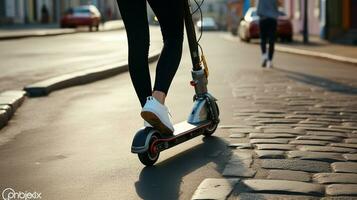 desconocido muchachas elegante paseo patinar mediante el ciudad con montando en un negro eléctrico scooter. generativo ai foto