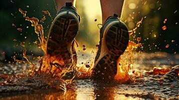 Runner feet in running sneakers runs down forest footpath splash through puddles at sunrise, sportsman shoes low angle close up view, Generative AI photo