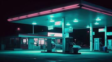 The Surreal and Creepy World of a Neon-Adorned 70s Gas Station. Generative AI photo