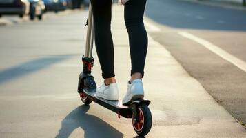 urbano aventura. desconocido muchachas con blanco zapatillas en un eléctrico scooter. generativo ai foto
