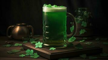 Green beer, leaf clovers scattered around the wood base, St. Patrick's Day beer. Generative AI photo