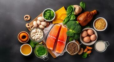 Top view. Foods high in vitamin D on dark background. Healthy diet concept. Generative AI photo