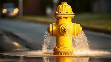 Yellow fire hydrant gushing water across a street with wet highway. Generative AI photo