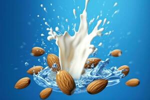 Close up of dynamic splashes of almond milk and flying nuts on a bright blue background. Generative AI. photo