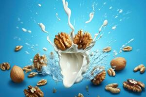 Dynamic splashes of milk from walnuts and scattered nuts on a bright blue background. Generative AI. photo