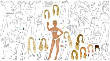 Vlogger Coloring Page Paper Doll with Cute Cartoon Character, Outfits, Hairstyles and Accessories. Vector Illustration