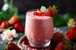 Appetizing homemade strawberry smoothie in glass, Generative AI photo
