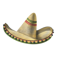 Sombrero straw hat Mexican traditional with red and green pattern with black pom-poms. Watercolor illustration hand drawn. Isolated object png