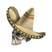 Side view human skull wearing a sombrero hat. Hand drawn watercolor illustration for day of the dead, halloween, Dia de los muertos. Isolated object png