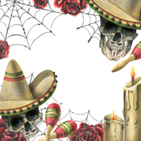 Human skulls, in a sombrero hat with maracas, red roses, candles and cobwebs. Hand drawn watercolor illustration for day of the dead, halloween, Dia de los muertos. Template png