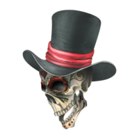 Ornamented human skull in a black top hat with a red ribbon. Hand drawn watercolor illustration for day of the dead, halloween, Dia de los muertos. Isolated object png