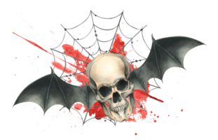 Vorderseite Aussicht von ein Mensch Schädel mit schwarz Schläger Flügel mit ein Blutfleck und Spinnweben zum das Urlaub von Tod Tag und Halloween. Aquarell Illustration, Hand gezeichnet. Komposition png