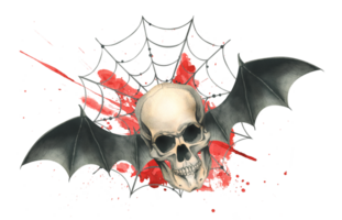 frente ver de un humano cráneo con negro murciélago alas con un mancha de sangre y telarañas para el fiesta de muerte día y Víspera de Todos los Santos. acuarela ilustración, mano dibujado. composición png