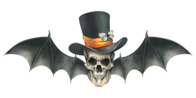 Side view human skull in black top hat with orange satin ribbon with black bat wings for death day holiday and halloween. Watercolor illustration hand drawn. Isolated composition png