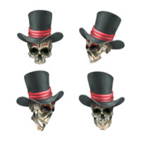 Ornamented human skulls in a black top hat with a red ribbon. Hand drawn watercolor illustration for day of the dead, halloween, Dia de los muertos. Set of isolated objects png