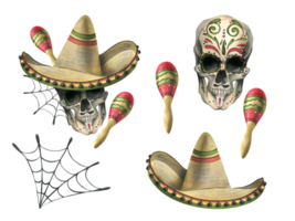 Ornamented human skull, in a sombrero hat with maracas and cobwebs. Hand drawn watercolor illustration for day of the dead, halloween, Dia de los muertos. Set of elements png