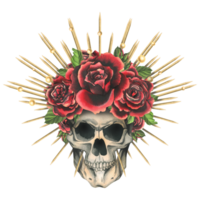 Human skull with red flowers rose in a golden crown with thorns, rays. Hand drawn watercolor illustration for day of the dead, halloween, Dia de los muertos. Isolated object png