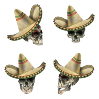 A human skulls with an ornament in a sombrero hat. Hand drawn watercolor illustration for day of the dead, halloween, Dia de los muertos. Set of isolated objects png