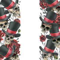 Human skulls in a top hat with red roses and branches. Hand drawn watercolor illustration for Halloween, day of the dead, Dia de los muertos. Vertical template, frame, border png