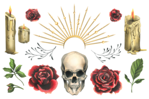 Human skull with golden crown, red roses and candles. Hand drawn watercolor illustration for Halloween, day of the dead, Dia de los muertos. Set of isolated elements png