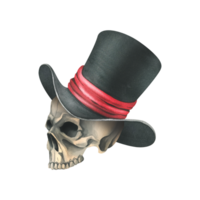 A human skull in a black top hat with a red ribbon. Hand drawn watercolor illustration for day of the dead, halloween, Dia de los muertos. Isolated object png