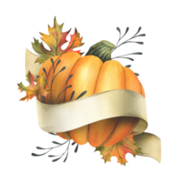 Orange autumn pumpkin with maple leaves, twigs and paper roll blank template for text. Watercolor illustration, hand drawn. Isolated composition png