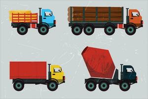 Set of isolated vector colorful icons of large vehicles, flat illustrations of different types of trucks, logistics commercial transport concept. box trucks, trailer trucks, mixer trucks, haul trucks