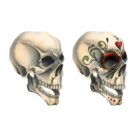 Human skulls profile with a painted ornament is evil, terrible. Hand drawn watercolor illustration for day of the dead, halloween, Dia de los muertos. Set of isolated objects png