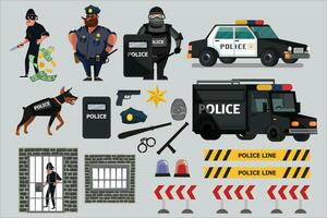 Police officer and funny criminal man with equipment set. Isolated flat vector cartoon style design. police sniffer dog