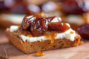 Saudi Arab Dates toast, macro shot of a fresh breakfast with Dripping Honey, AI Generated photo