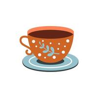 Cup with tea or coffee. Different ornaments. Flowers, berries, etc Cozy vector illustration. Cartoon style. Flat design. Autumn or winter drink.