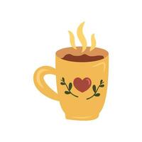 Cup with tea or coffee. Different ornaments. Flowers, berries, etc Cozy vector illustration. Cartoon style. Flat design. Autumn or winter drink.