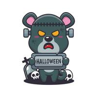 zombie panther holding halloween greeting stone. Cute halloween cartoon illustration. vector