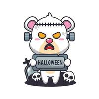 zombie polar bear holding halloween greeting stone. Cute halloween cartoon illustration. vector