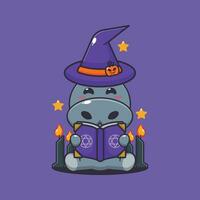 witch hippo reading spell book. Cute halloween cartoon illustration. vector