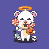 cute angel polar bear holding candy in halloween day. Cute halloween cartoon illustration. vector