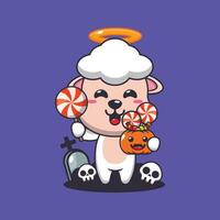 cute angel sheep holding candy in halloween day. Cute halloween cartoon illustration. vector